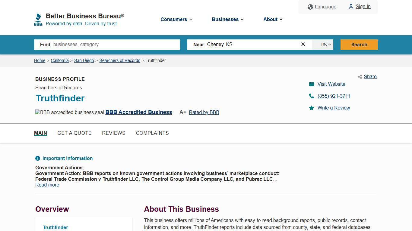 Truthfinder BBB Business Profile Better Business Bureau